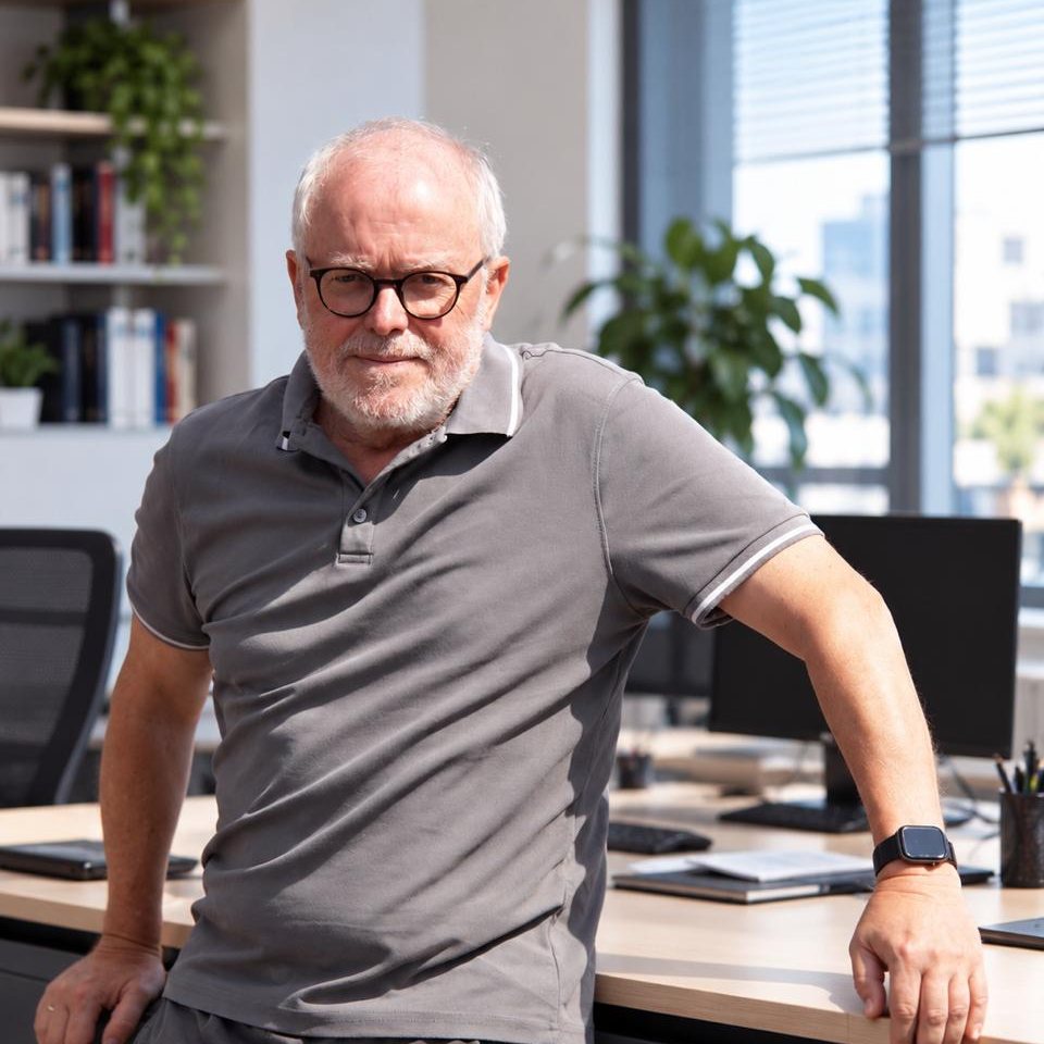 Josep Vera Arús, fundador y diseñador de Tothora, apoyado en la mesa de su estudio